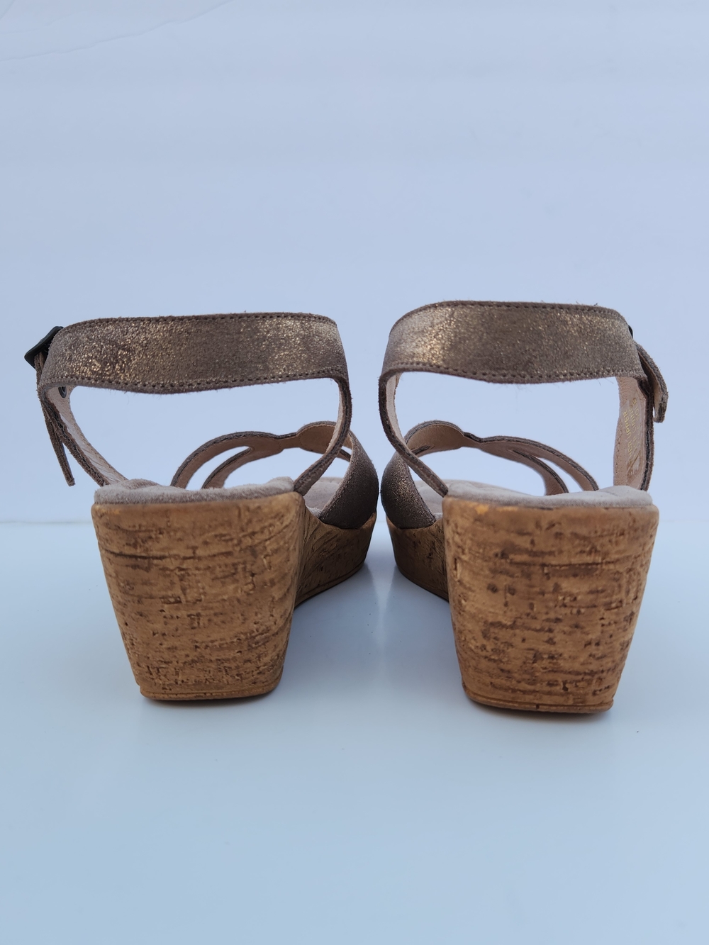 Sundance Metallic Taupe Ankle Strap Suede Leather Cork Wedge - Picture 5 of 13